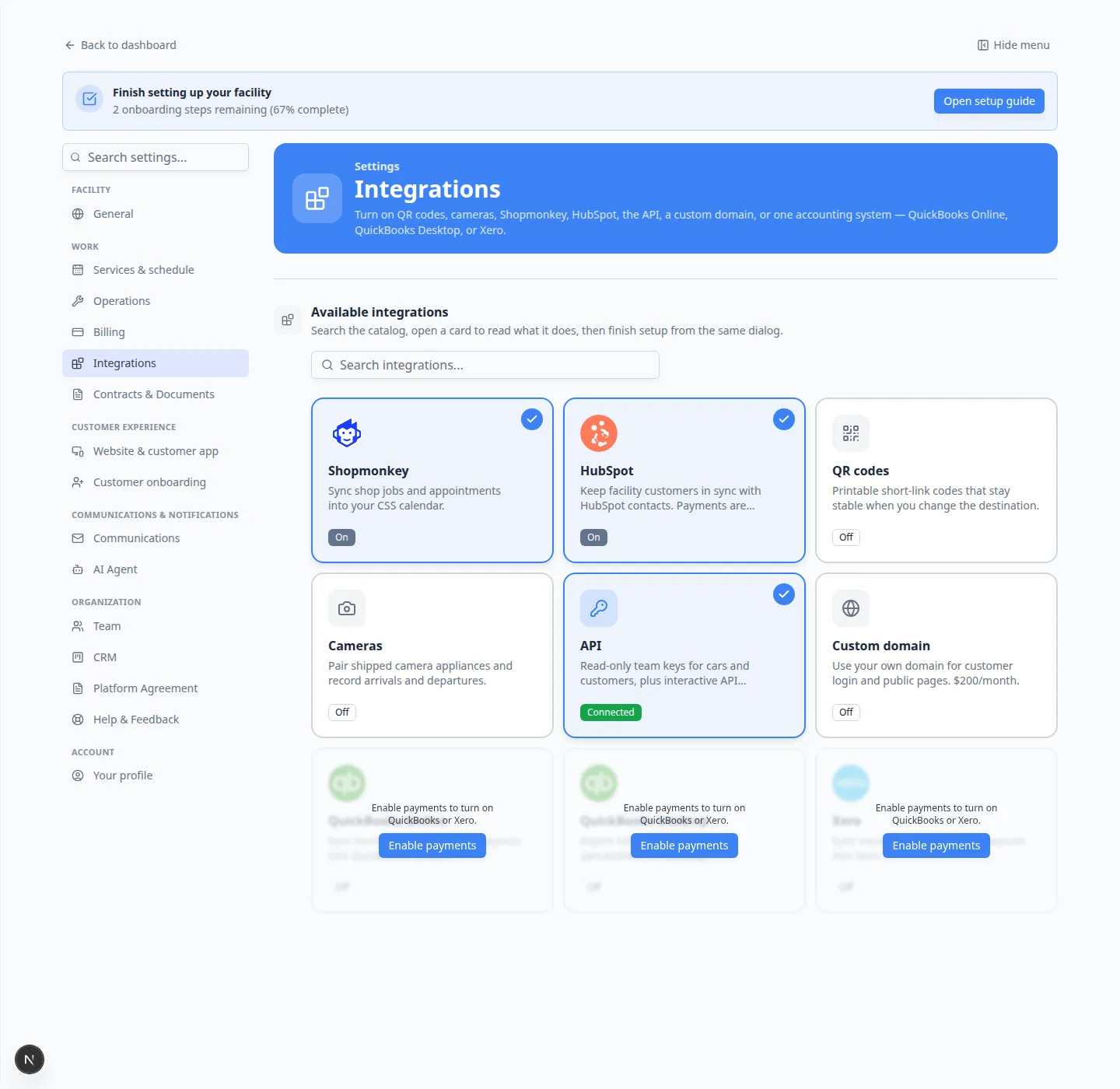Integrations catalog with QuickBooks Online, QuickBooks Desktop, and Xero cards covered by Enable payments overlays
