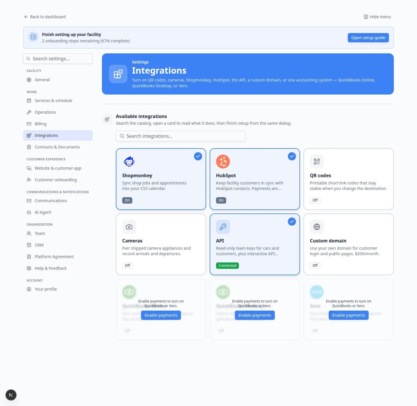 Integrations catalog with QuickBooks Online, QuickBooks Desktop, and Xero cards covered by Enable payments overlays