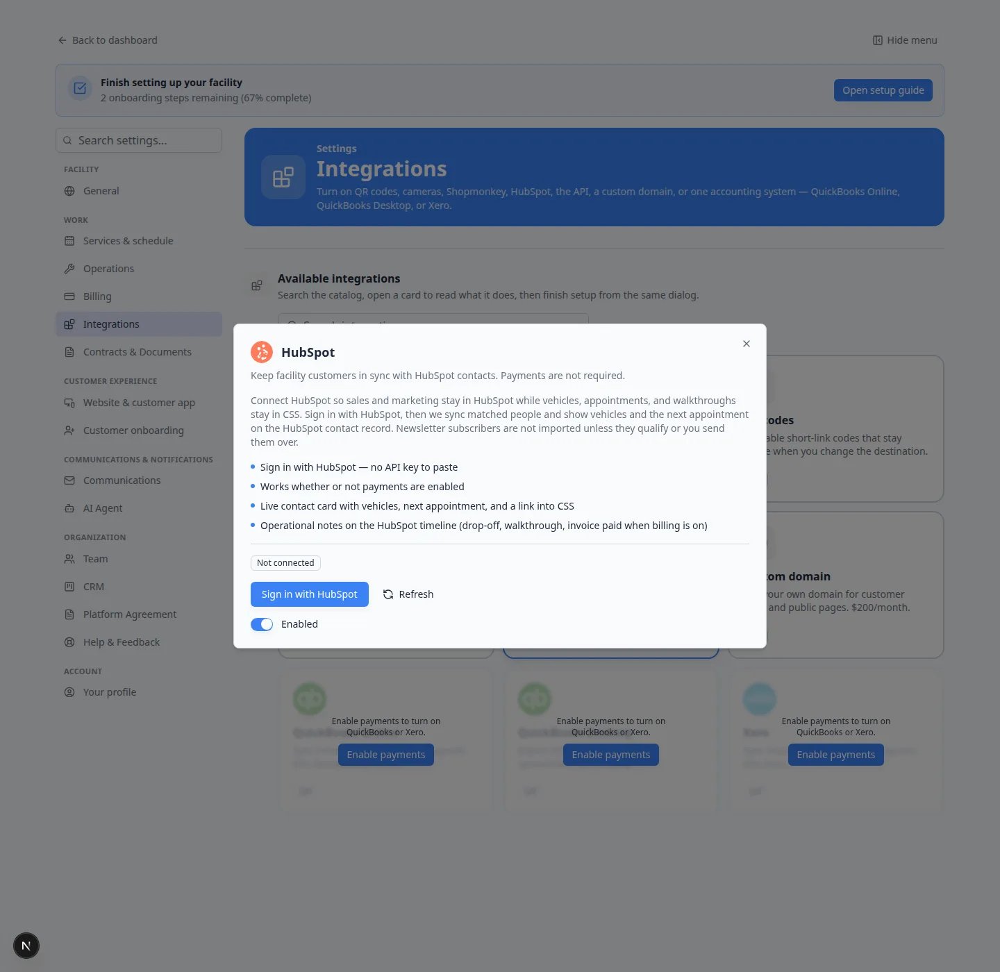 HubSpot integration window with Sign in with HubSpot, Refresh, and the Enabled switch