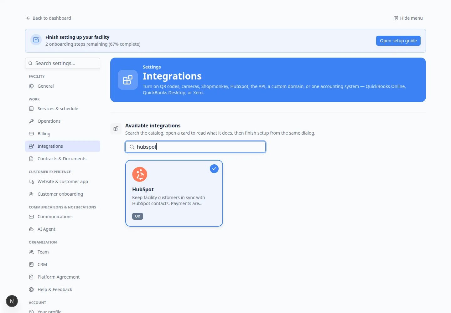 Integrations search box filled with hubspot, showing only the HubSpot card