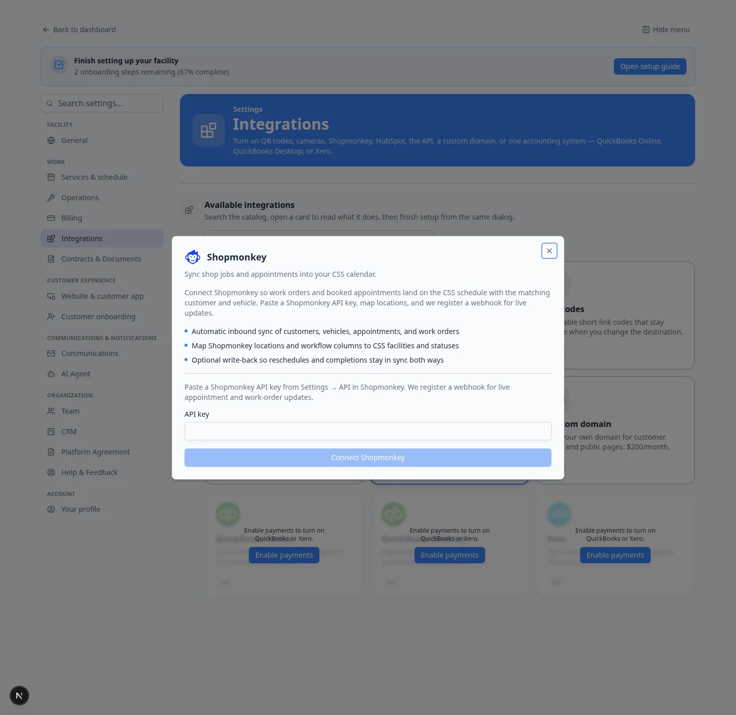 Shopmonkey integration window with API key box and Connect Shopmonkey button