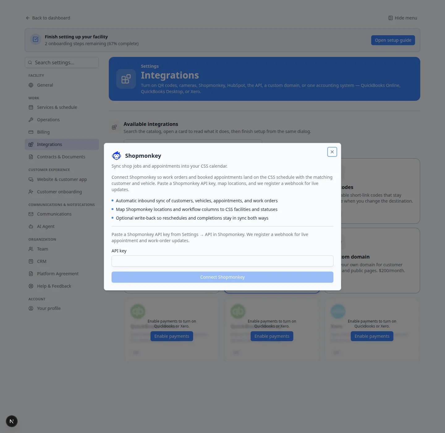 Shopmonkey integration window with API key box and Connect Shopmonkey button