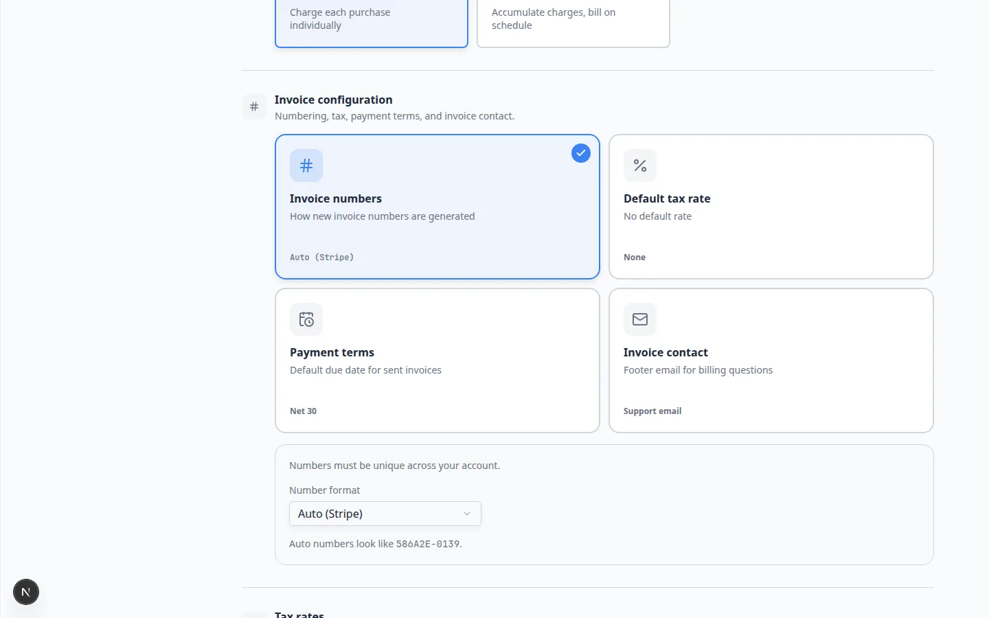 Billing settings showing Invoice configuration, Tax rates, and Quotes and estimates sections