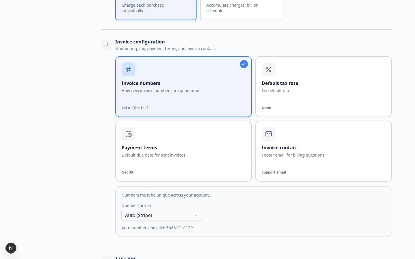 Billing settings showing Invoice configuration, Tax rates, and Quotes and estimates sections