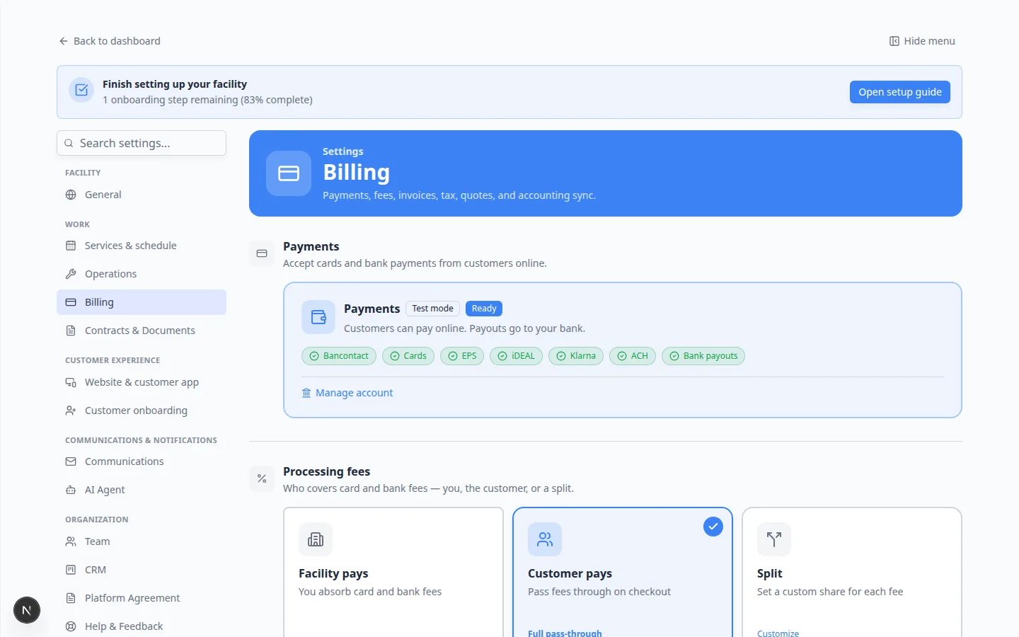 Billing settings showing Payments ready in test mode and Processing fees cards for Facility pays, Customer pays, and Split