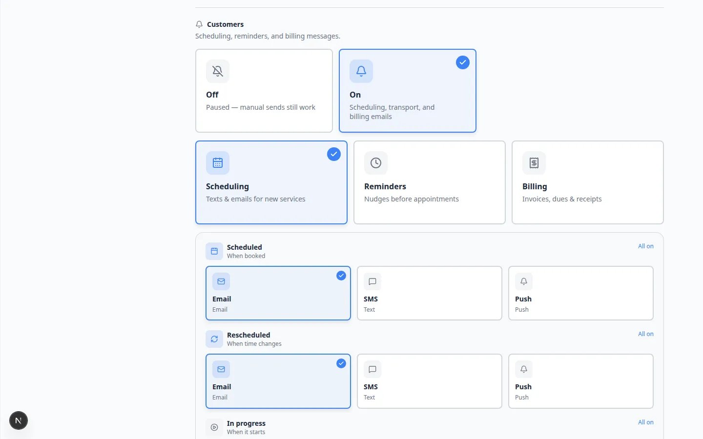 Alerts section on Communications settings showing Staff notification defaults