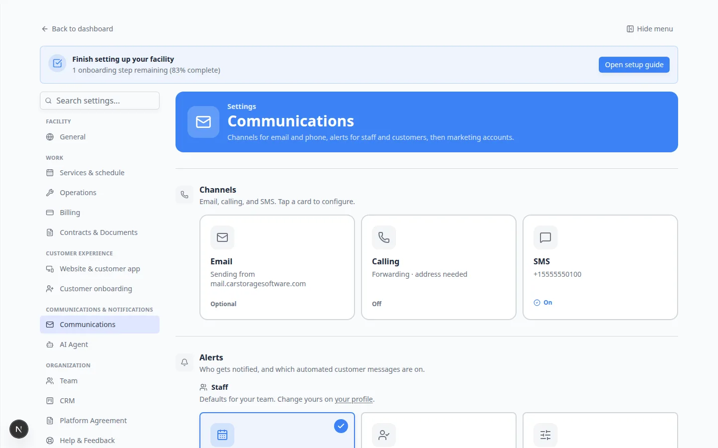 Communications settings showing Email, Calling, and SMS channel cards plus the start of the Alerts section