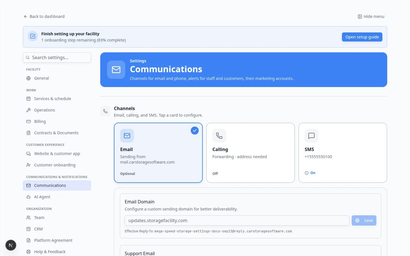 Email channel detail open on Communications settings with reply-to and sending domain fields
