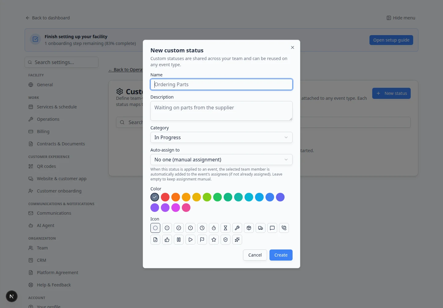 New custom status window with name, description, category, auto-assign user, color, and icon choices