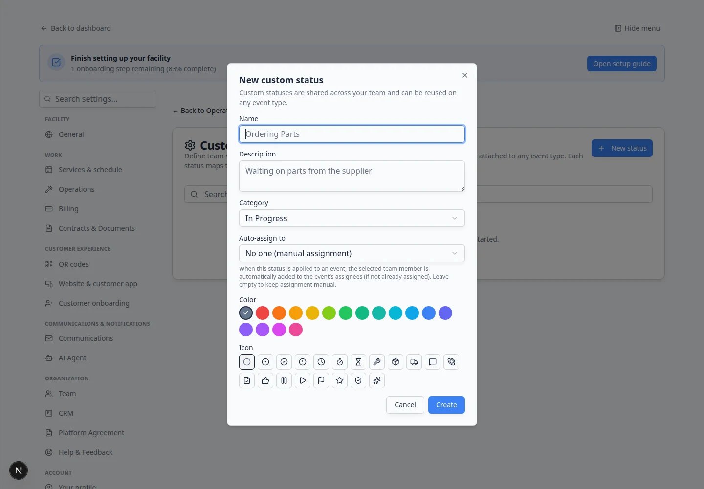 New custom status window with name, description, category, auto-assign user, color, and icon choices