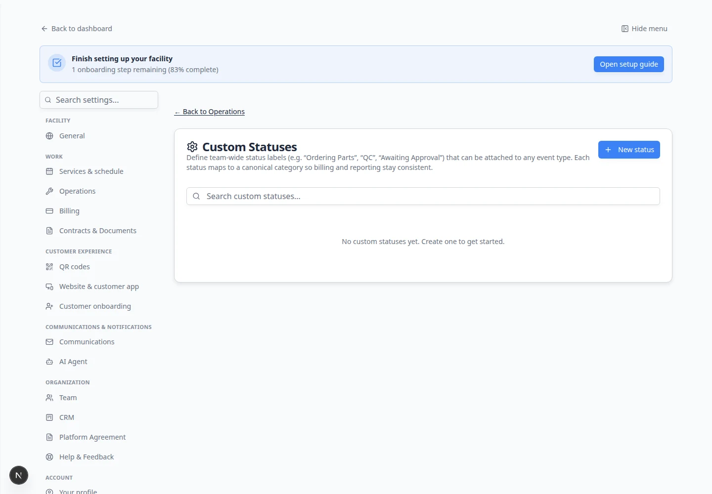 Custom statuses page showing Waiting on customer, In the bay, and Ready for pickup status labels