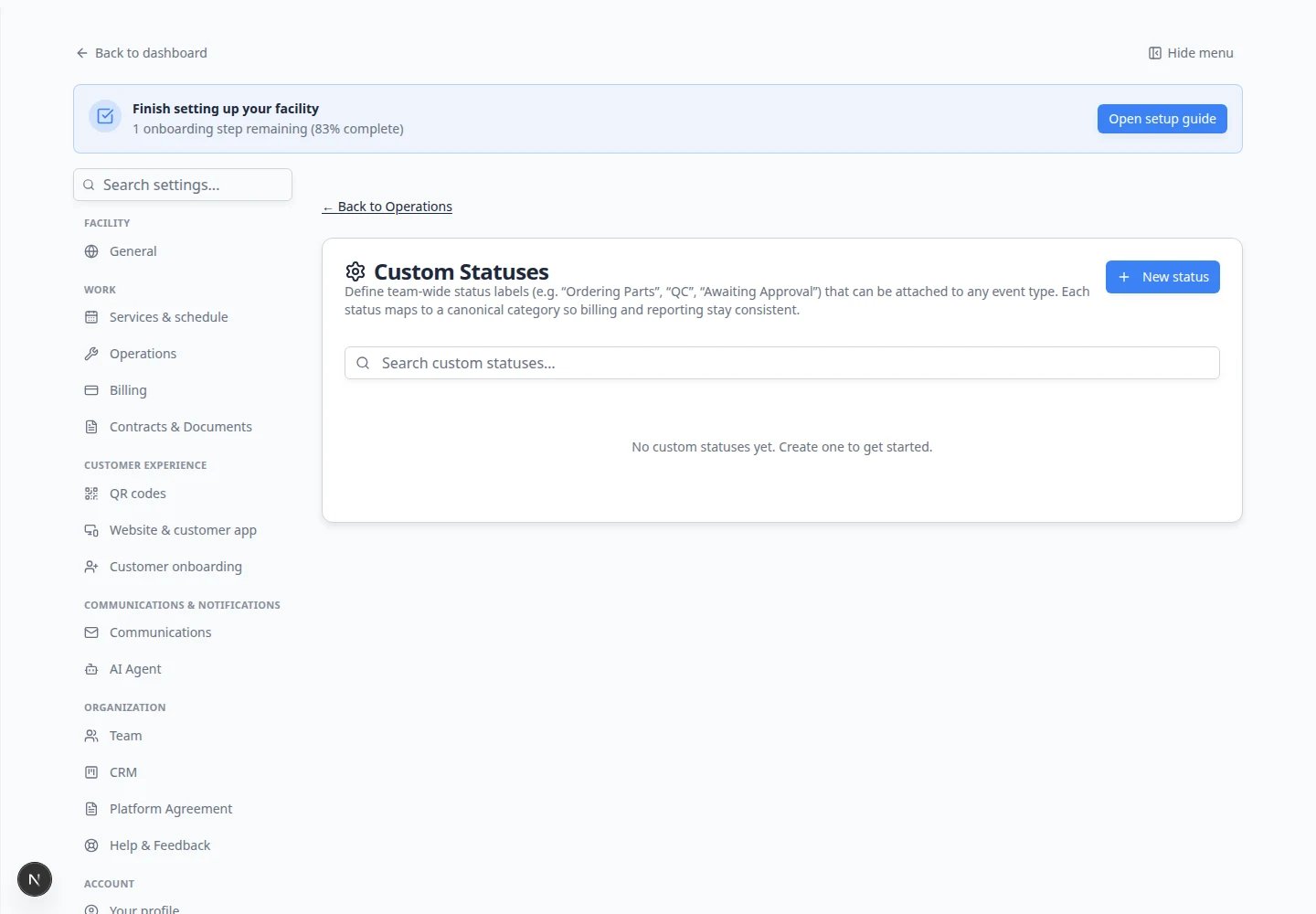Custom statuses page showing Waiting on customer, In the bay, and Ready for pickup status labels