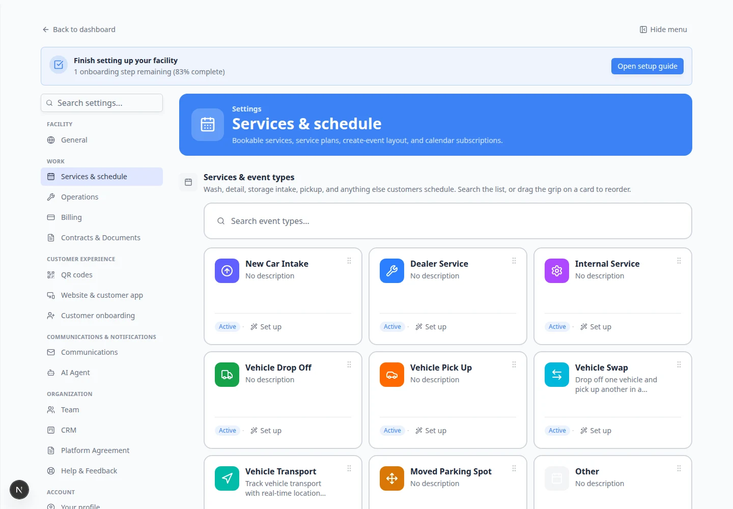 Service plans section on Events and schedule settings showing plan names, item counts, and active status