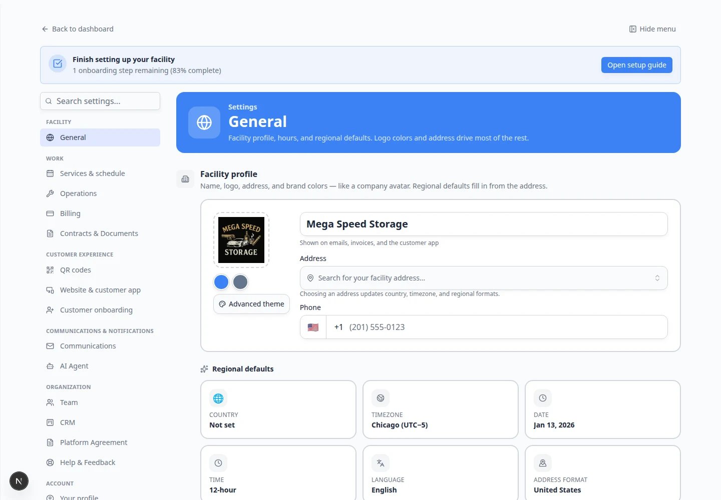 General settings page showing timezone, date and time format, address format, and country sections