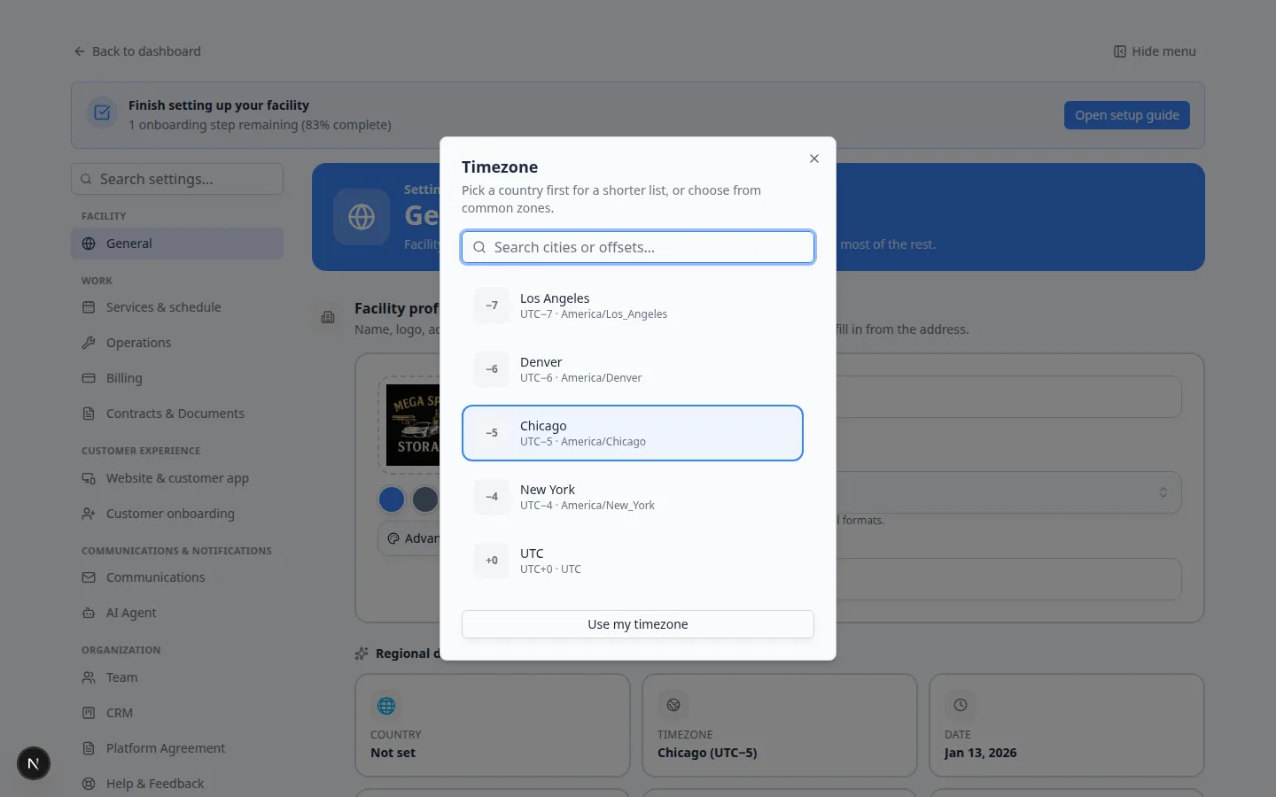 Time zone dialog listing Los Angeles, Denver, Chicago, New York, and UTC with Chicago selected