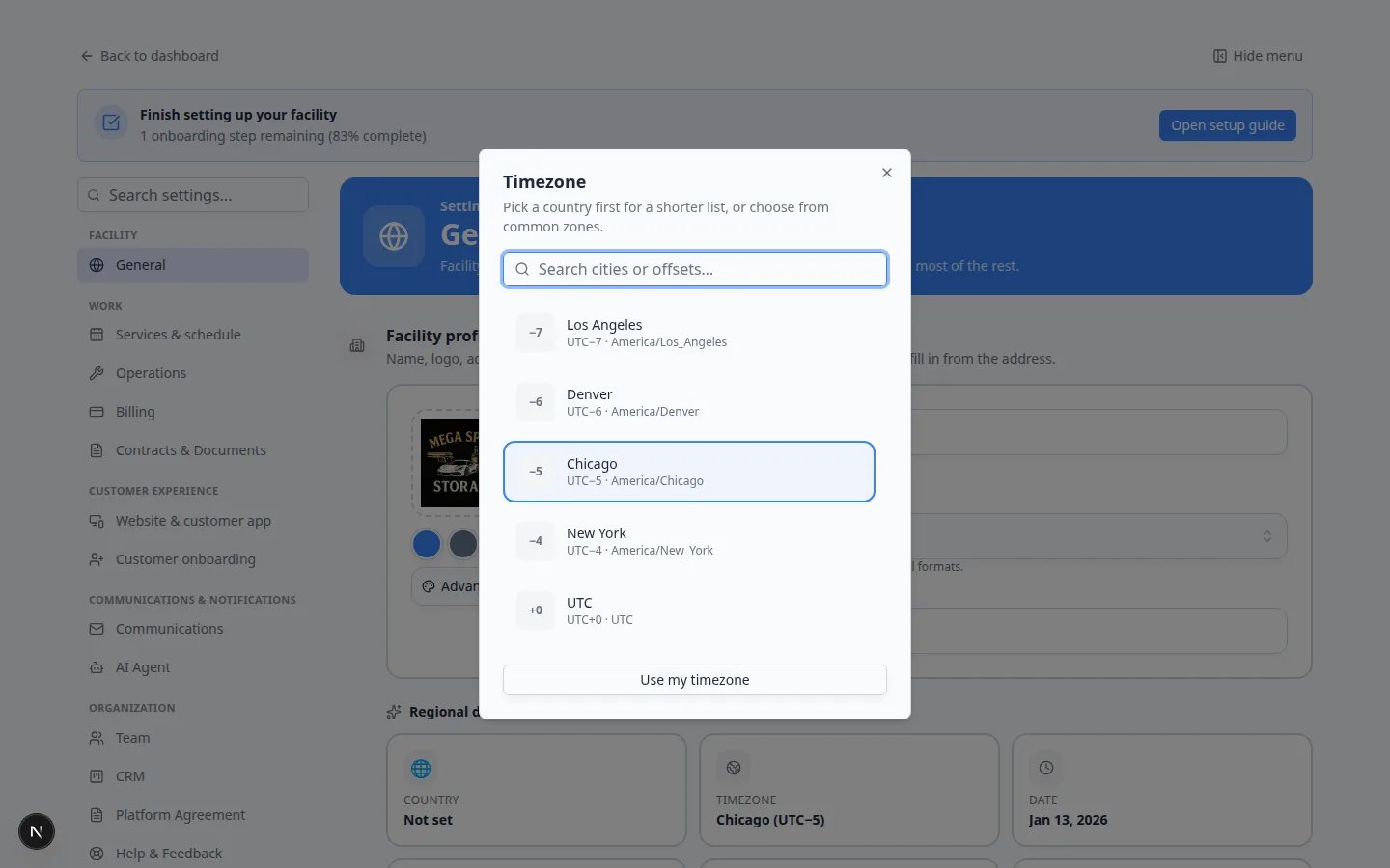 Time zone dialog listing Los Angeles, Denver, Chicago, New York, and UTC with Chicago selected