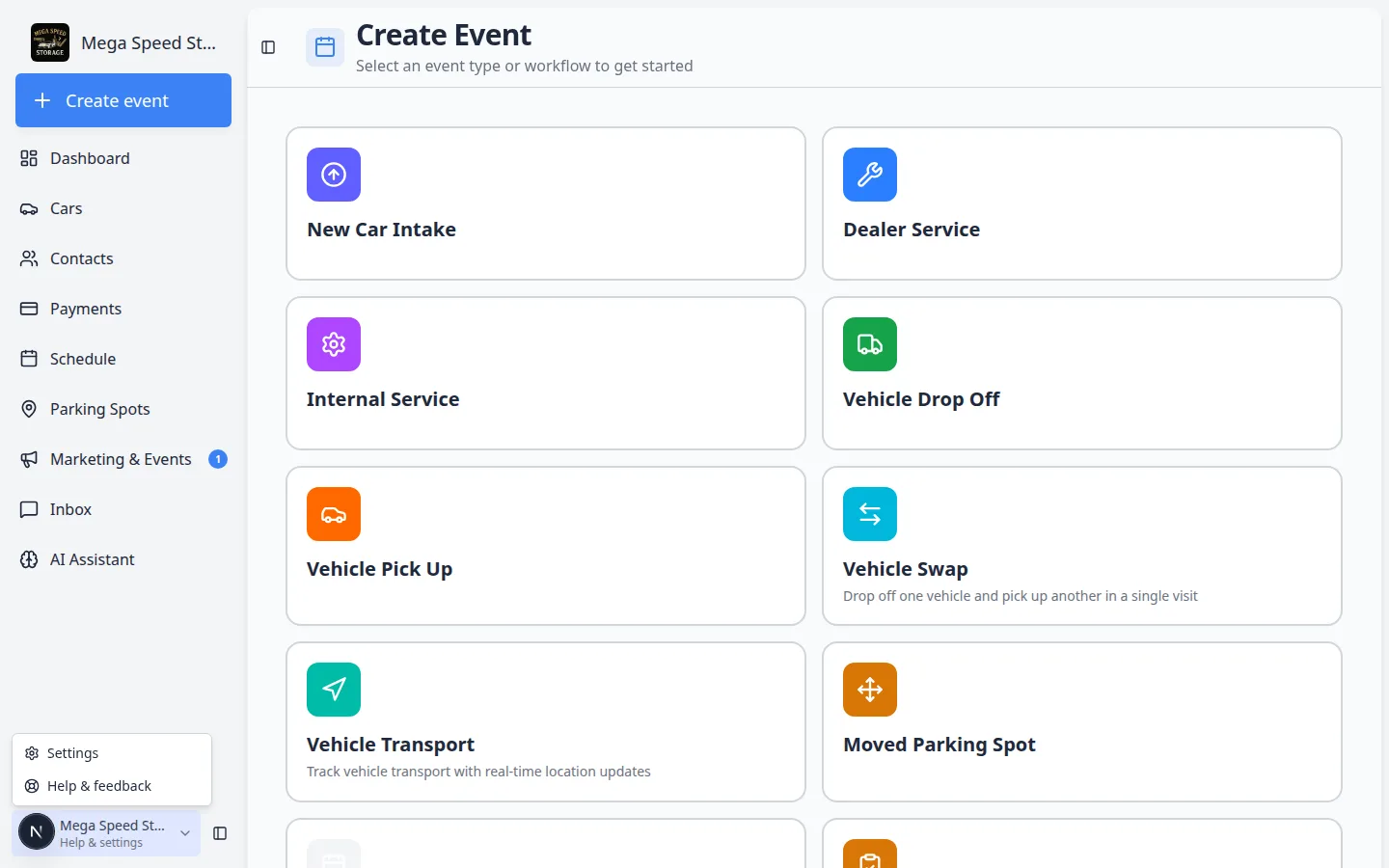 Create Event dashboard with Settings and Help and feedback at the bottom of the left sidebar