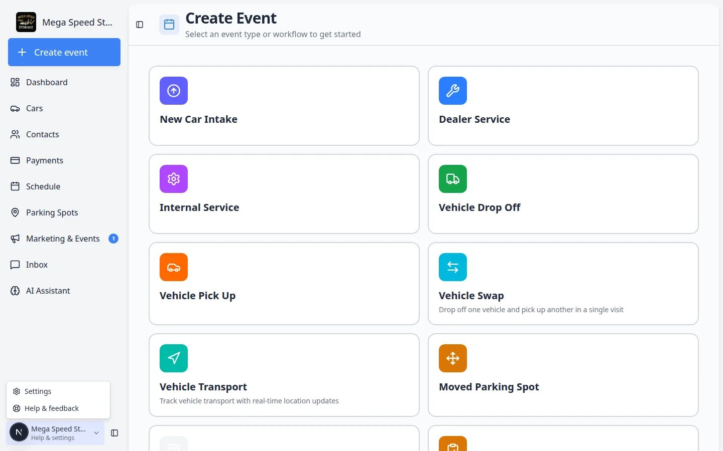 Create Event dashboard with Settings and Help and feedback at the bottom of the left sidebar