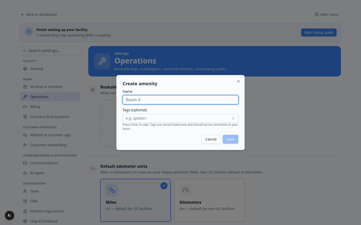 Create amenity dialog on Operations settings with a name field and optional tags