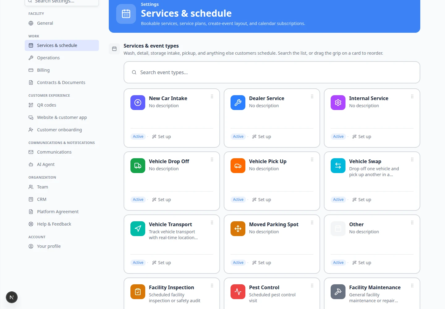 Create service plan dialog focused on Plan items table showing event type, recurring schedule, start time, and duration fields