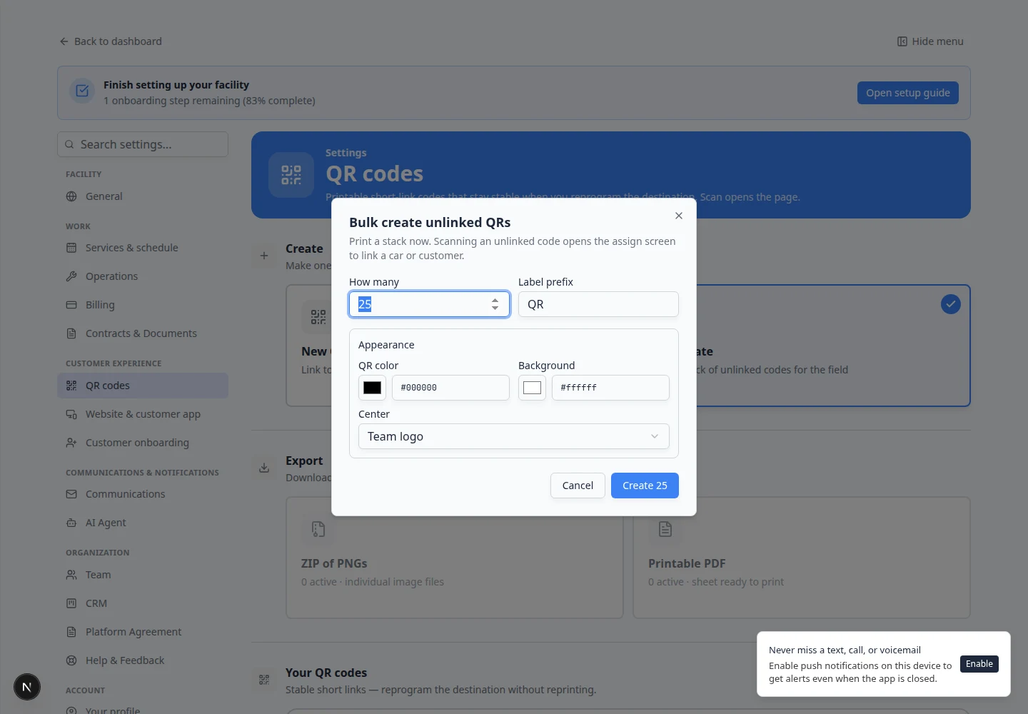 Bulk create QR codes dialog showing options to select multiple cars or customers