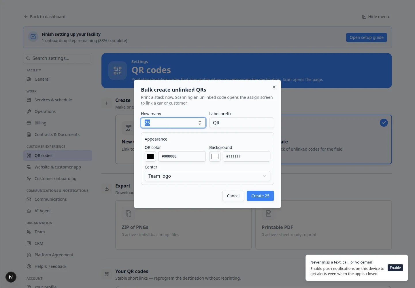 Bulk create QR codes dialog showing options to select multiple cars or customers
