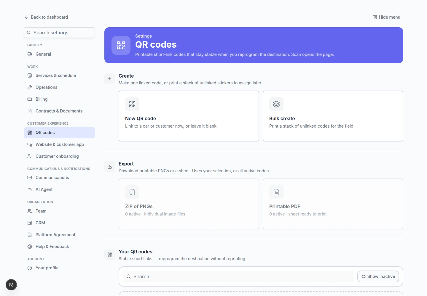 QR codes settings page showing Create, Export, and Your QR codes sections
