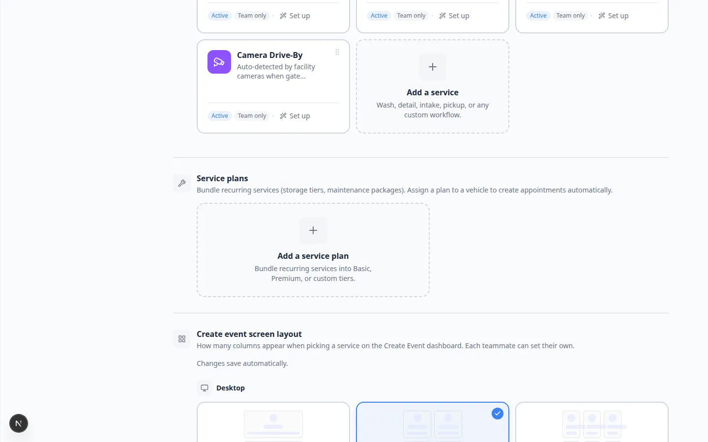 Services and schedule settings showing Add a service plan card and Create event screen layout