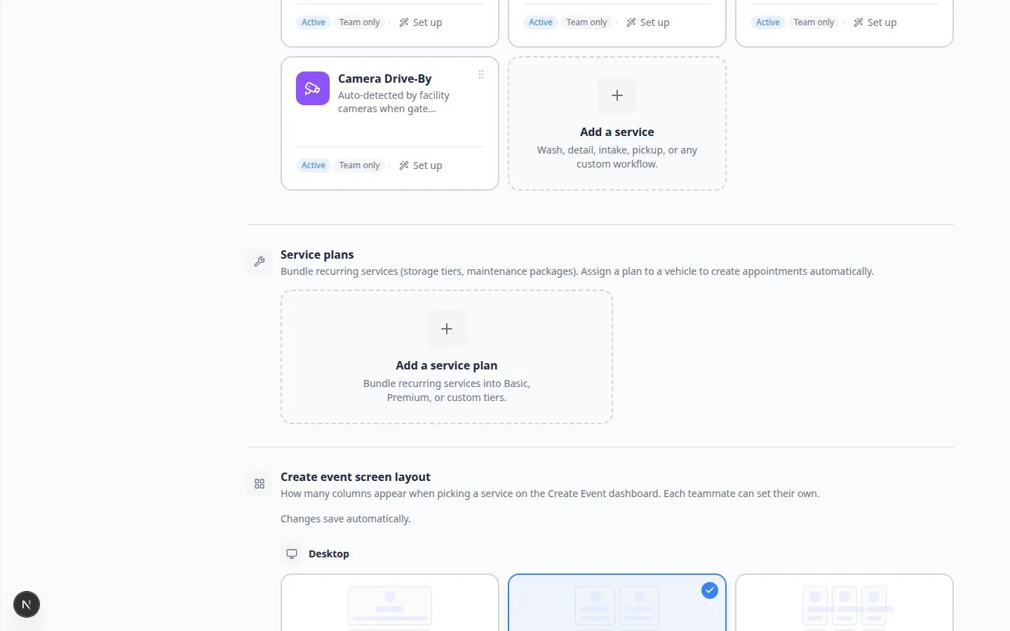 Services and schedule settings showing Add a service plan card and Create event screen layout