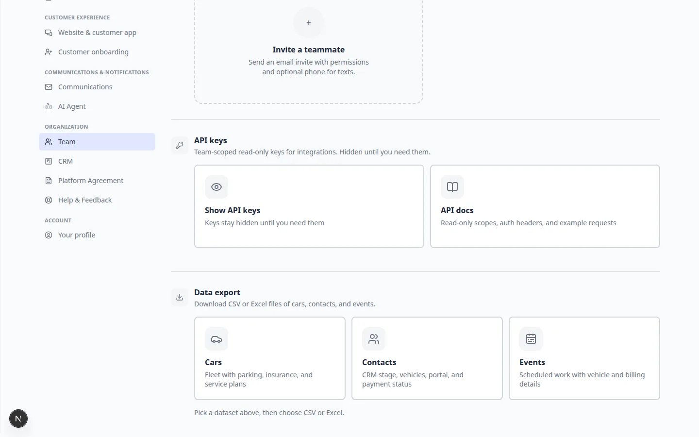 Settings Team page showing Data export cards for Cars, Contacts, and Events under API keys