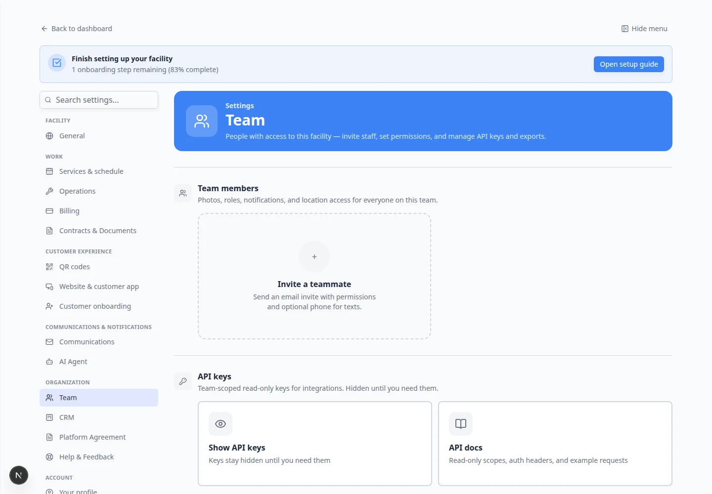 Team settings page showing staff list with Permissions, Notifications, and Actions columns