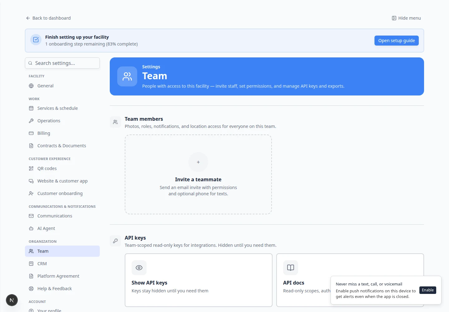 Manage Permissions dialog showing permission checkboxes for Customers, Cars, Schedule, Inbox, and other areas