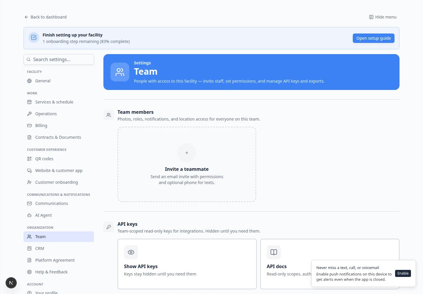 Manage Permissions dialog showing permission checkboxes for Customers, Cars, Schedule, Inbox, and other areas