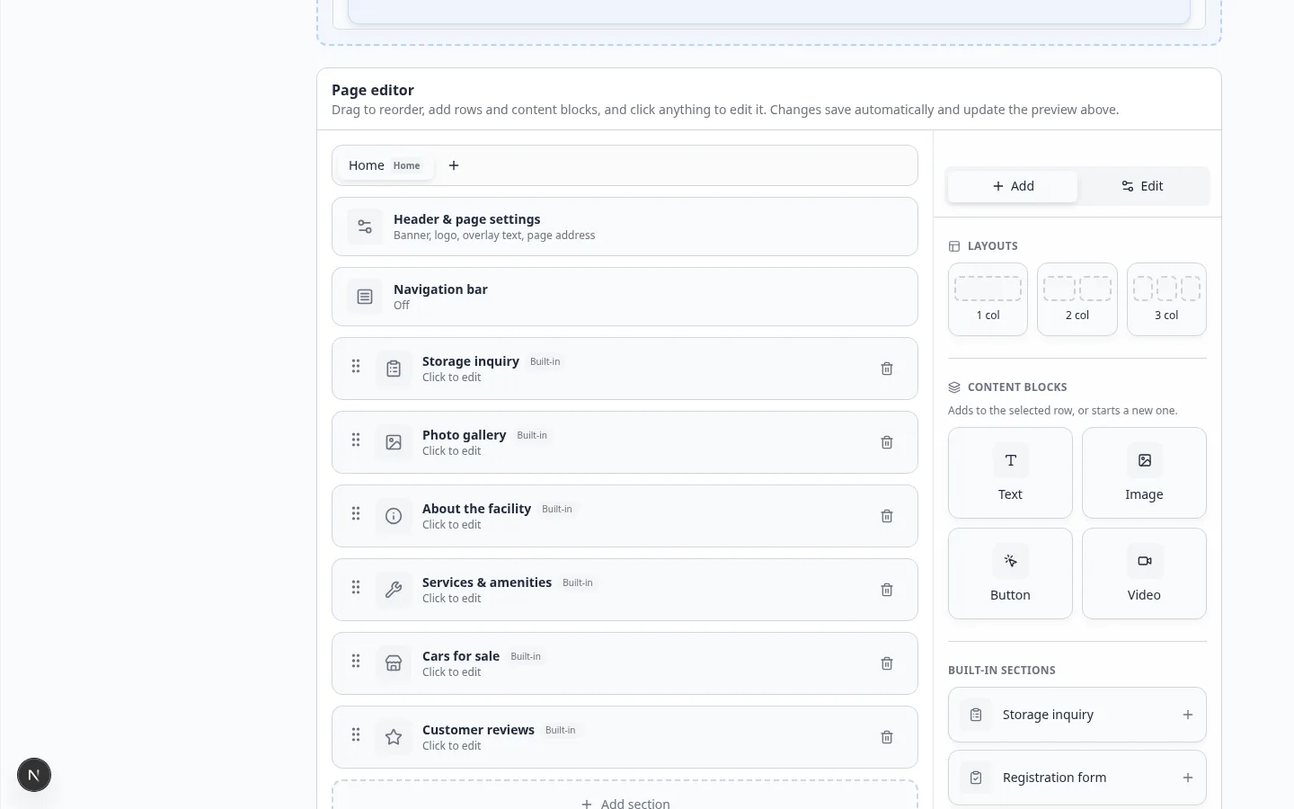 Public website section on Website and customer app settings with a live preview of the facility page