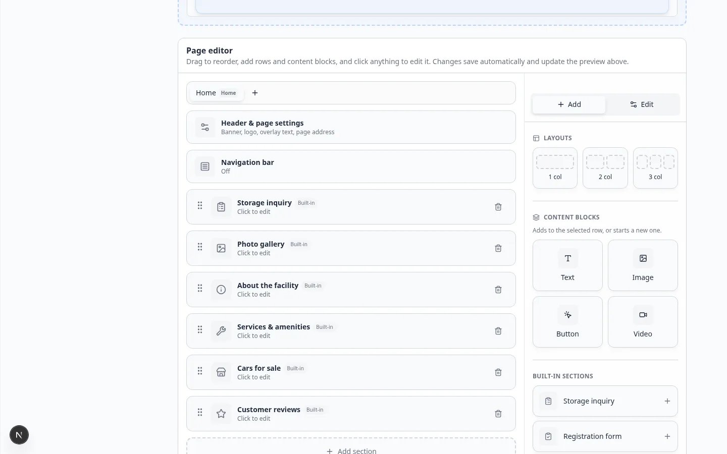 Public website section on Website and customer app settings with a live preview of the facility page