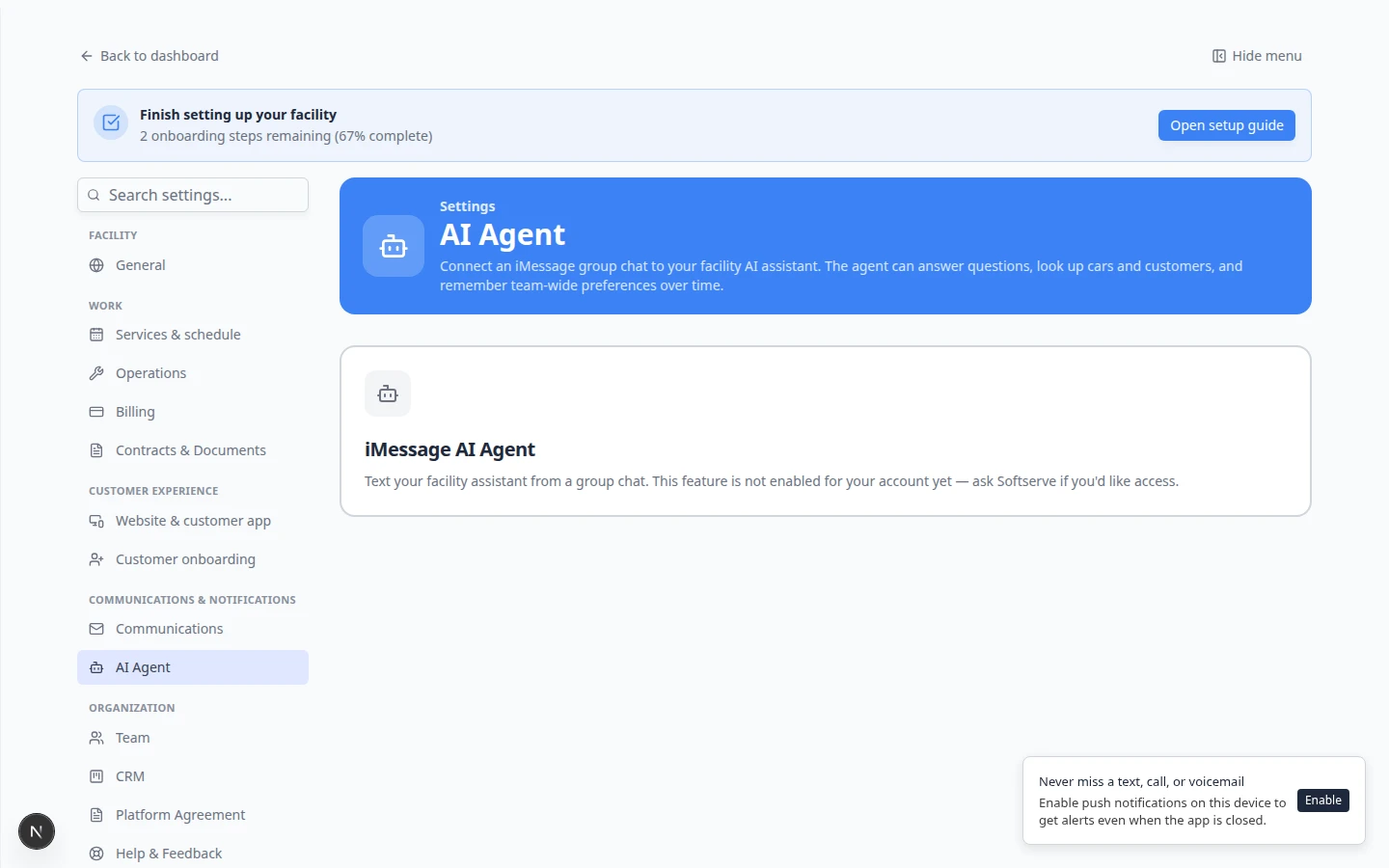 Settings AI Agent page showing step to connect a staff group chat with a link code