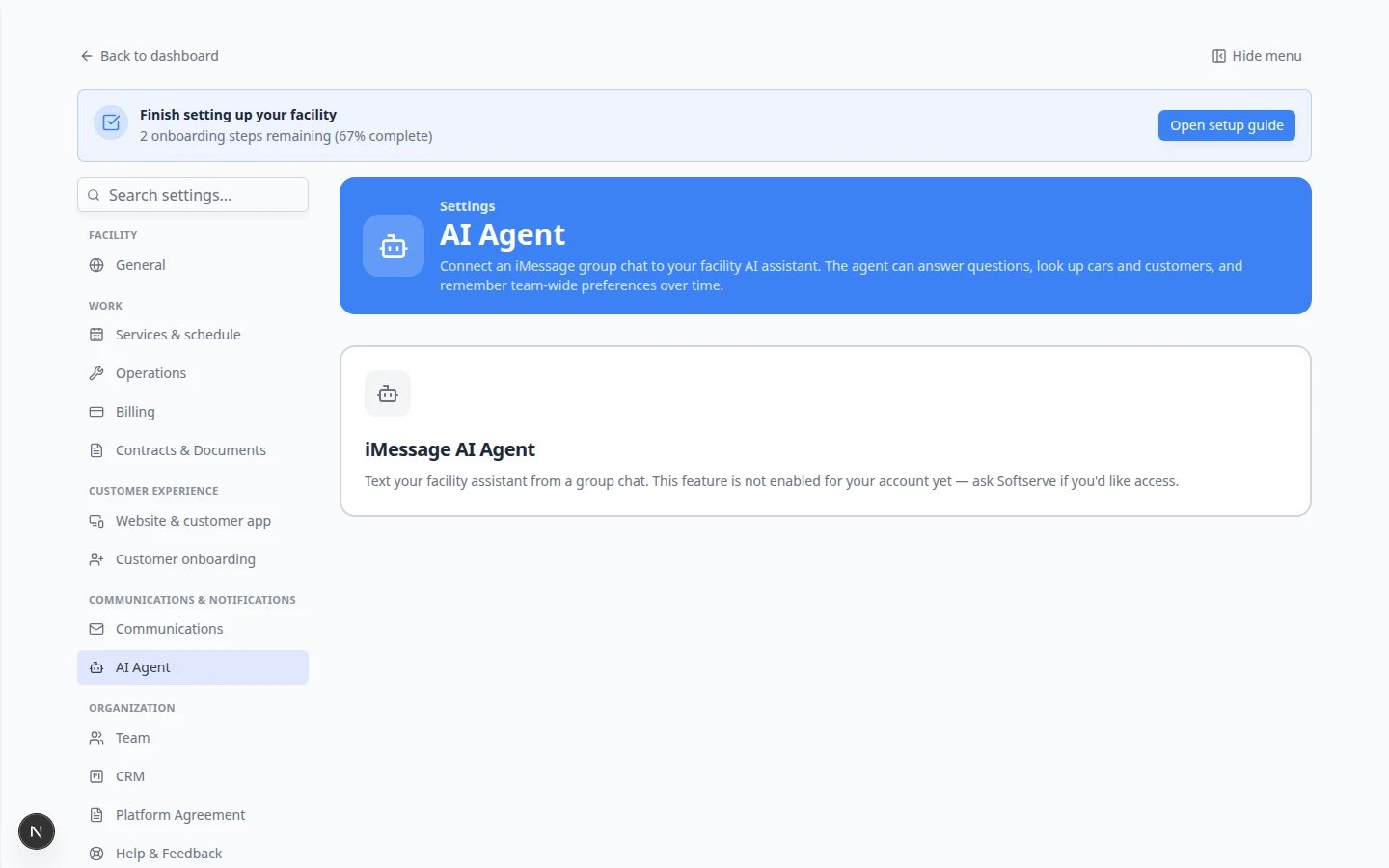 Settings AI Agent page for connecting iMessage group chats