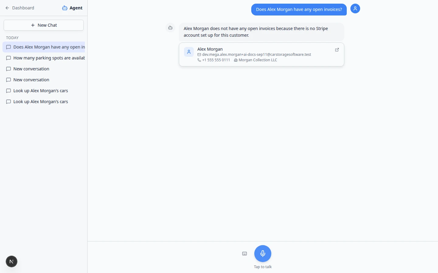 AI Assistant answering a question about whether Alex Morgan has open invoices, with the customer contact card shown below the reply