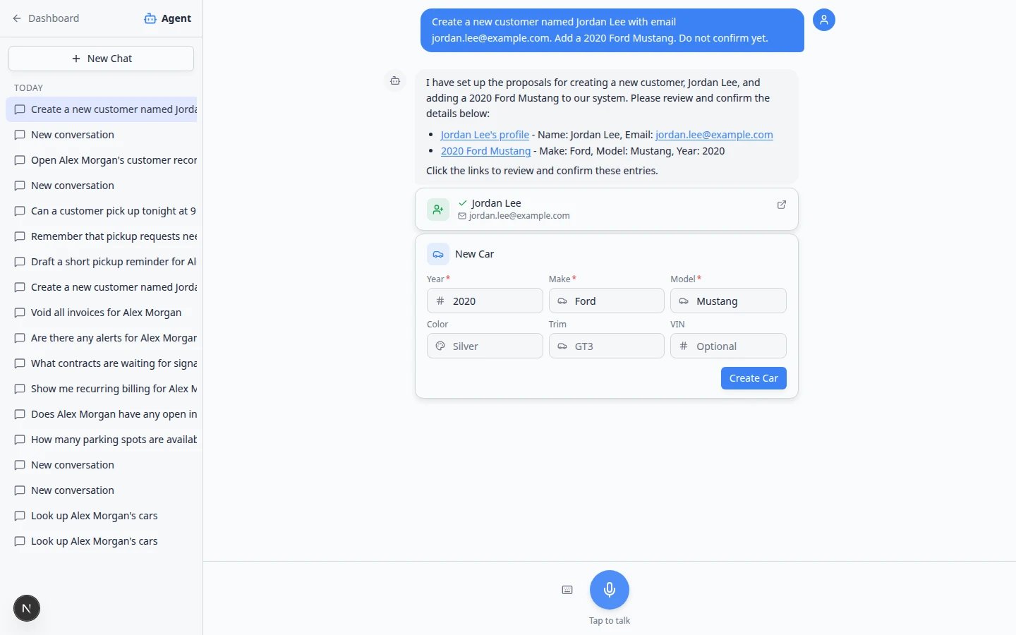 Agent chat after confirming a proposal showing a green success card and created notification