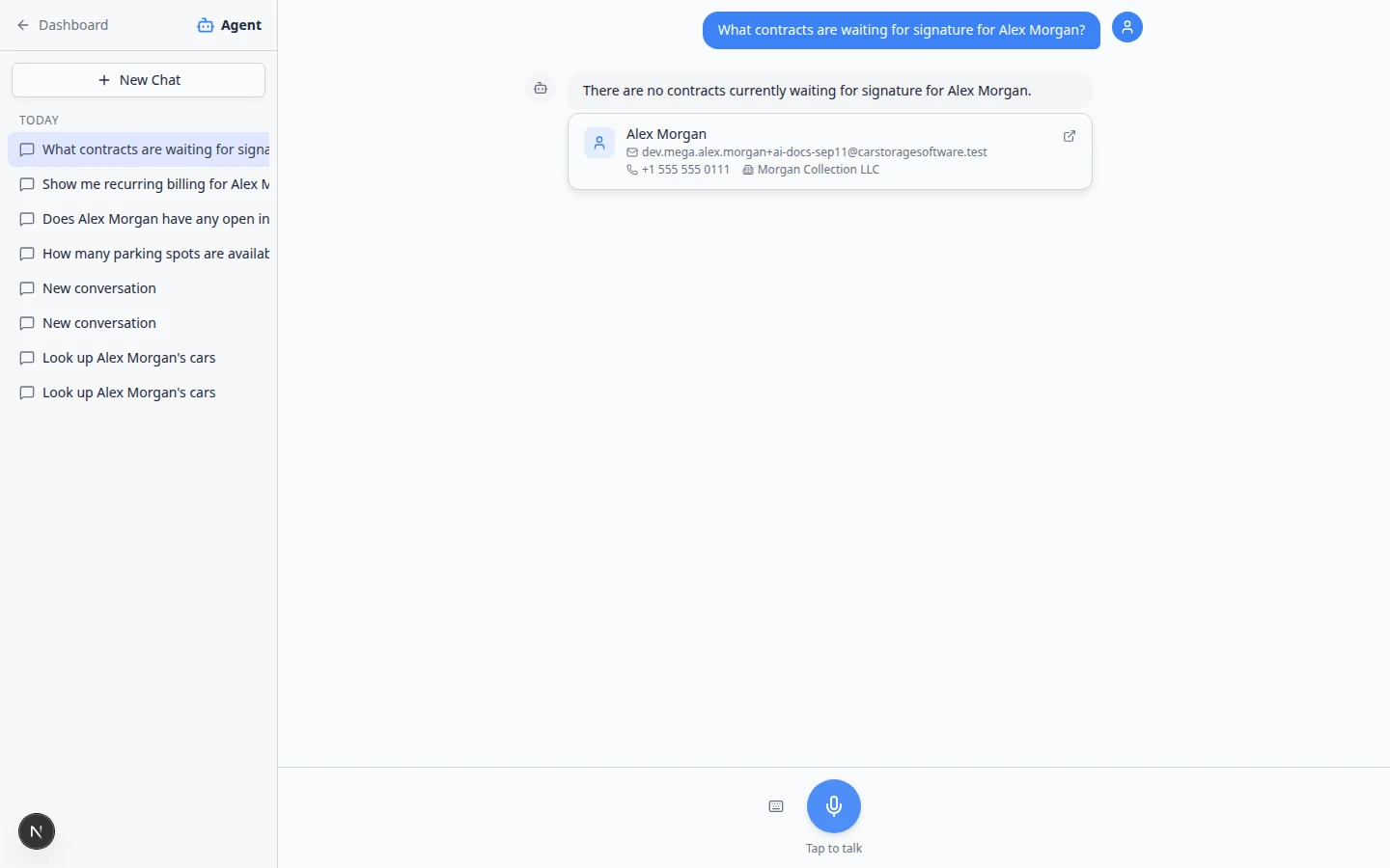 AI Assistant listing contracts waiting for Alex Morgan to sign