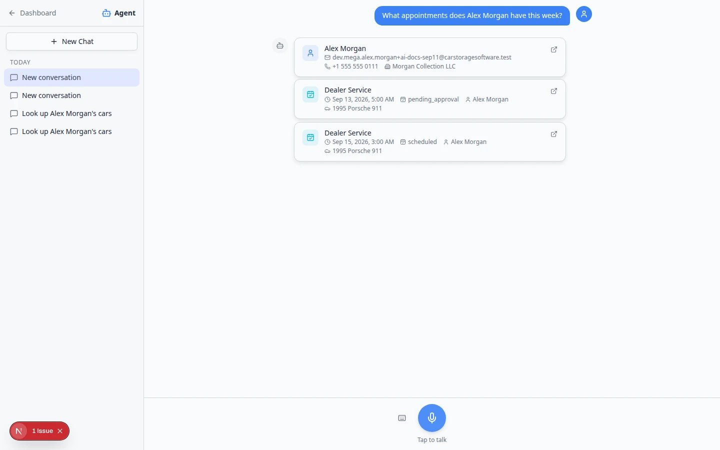 AI Assistant listing Alex Morgan's upcoming appointments for the week