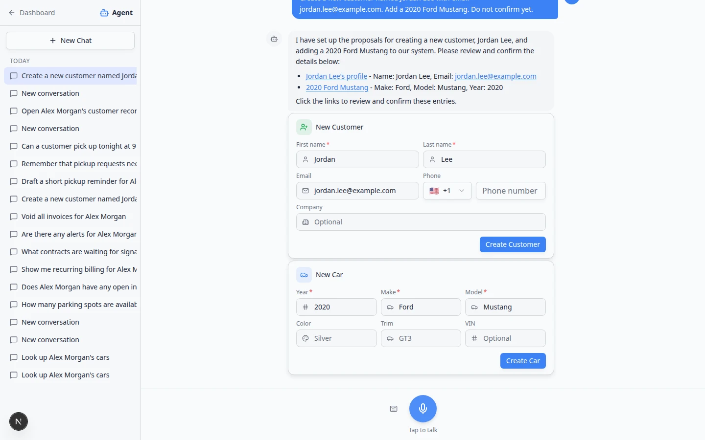 AI Assistant proposal cards with an edited customer first name and Confirm All button