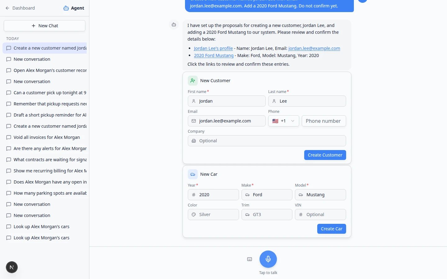 AI Assistant proposal cards with an edited customer first name and Confirm All button