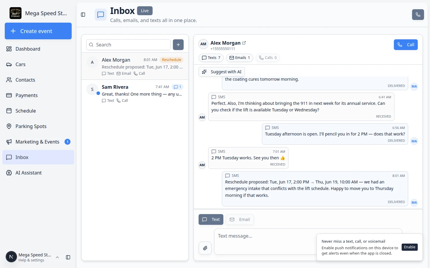 Inbox conversation with Suggest with AI button and a drafted reply ready to edit before sending