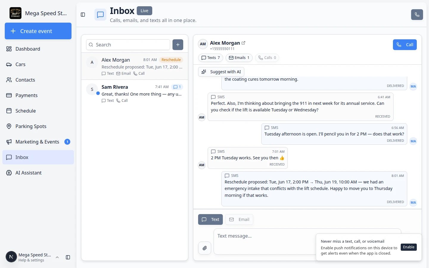 Inbox showing Alex Morgan conversation selected with Text tab and message composer ready at the bottom