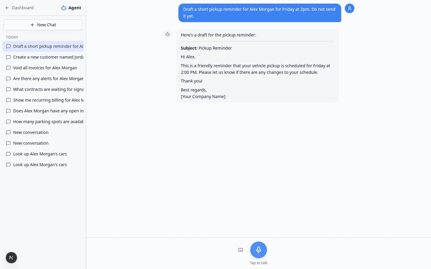 Agent chat showing a drafted pickup reminder message for Alex Morgan that staff can copy into Inbox
