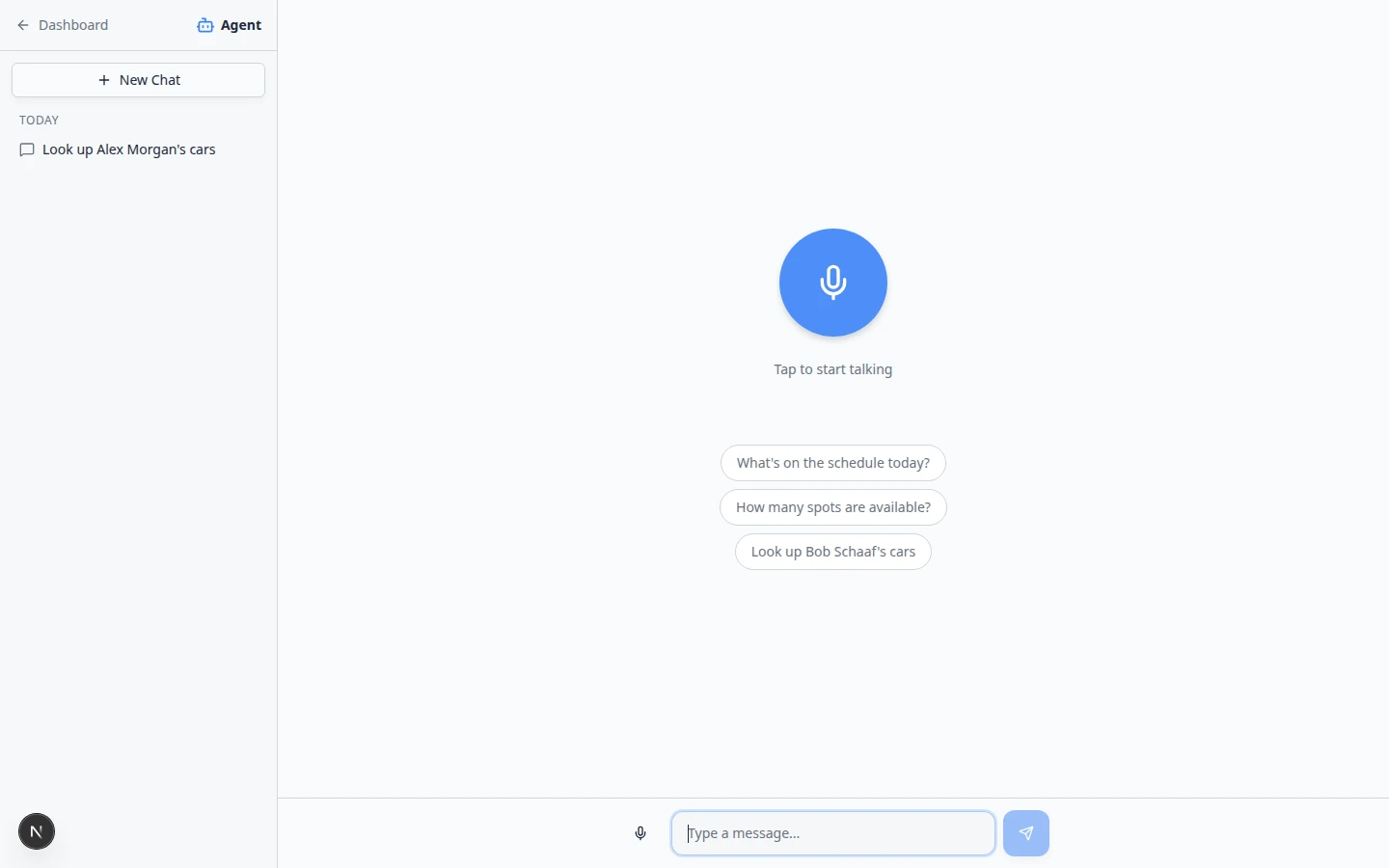 AI Assistant start screen with plus New Chat button, voice orb, and suggested question chips for schedule and parking