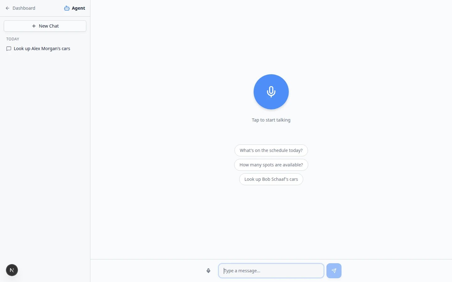 AI Assistant start screen with plus New Chat button, voice orb, and suggested question chips for schedule and parking