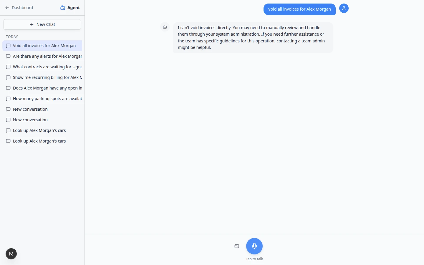 AI Assistant refusing to void invoices and explaining that Alex Morgan has no open invoices to void
