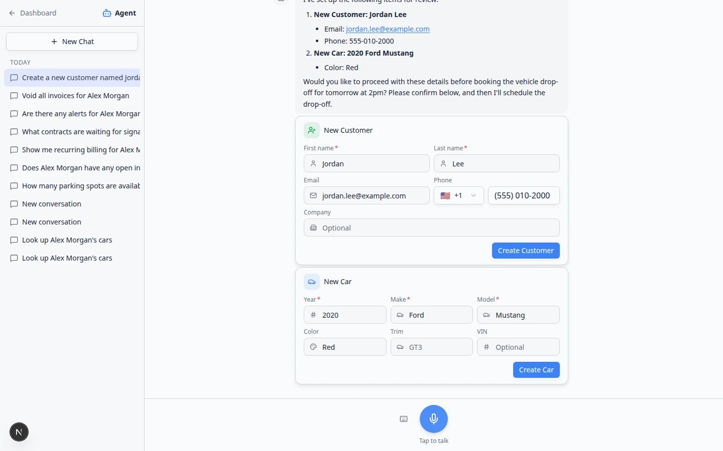 AI Assistant chat showing a long user message to create a customer, car, and drop-off appointment before the assistant responds